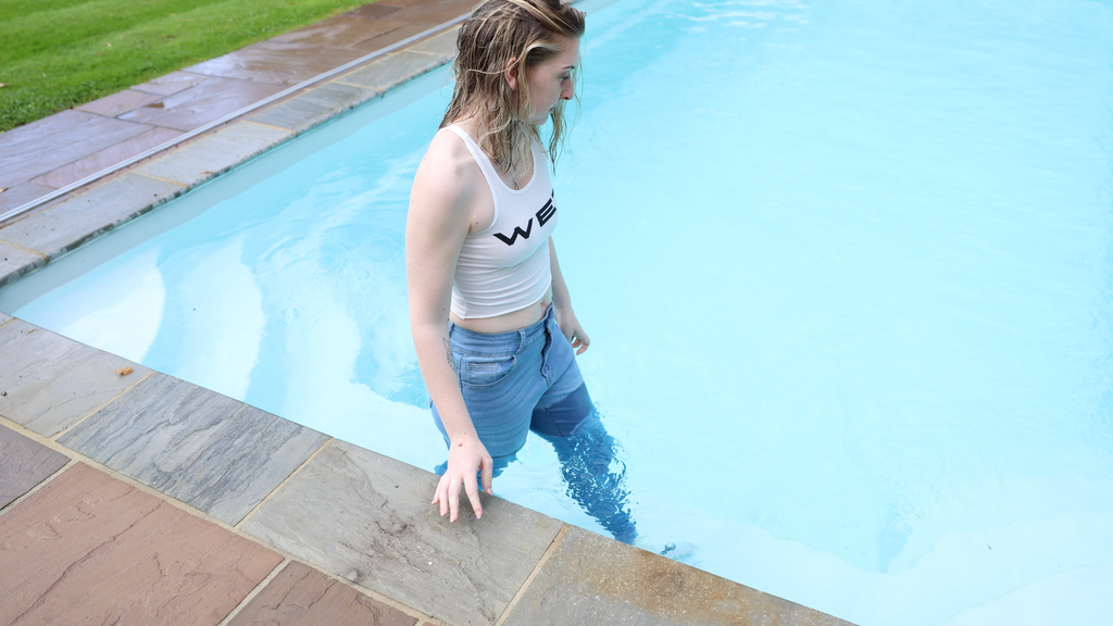 WET White Tank top and Blue Jeans In The Pool with Socks!