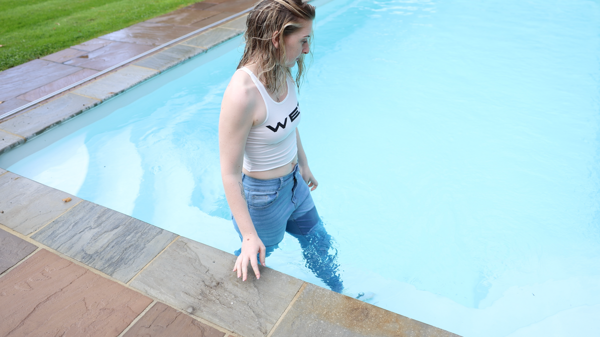 WET White Tank top and Blue Jeans In The Pool with Socks!