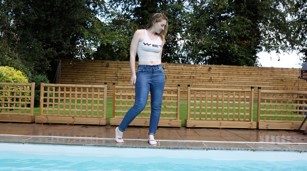 WET White Tank top and Blue Jeans In The Pool with Socks!