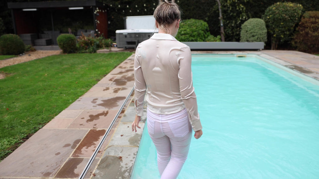 White Trousers and Satin Shirt In The Pool and Hottub