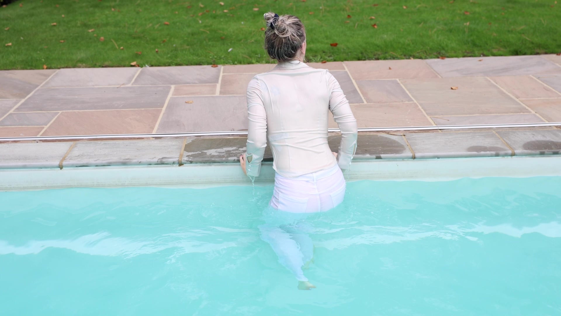 White Trousers and Satin Shirt In The Pool and Hottub